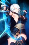  1girl armpits ashe_(league_of_legends) blue_eyes blue_lipstick blue_nails bow_(weapon) breasts cleavage fingerless_gloves gloves highres hood kerasu large_breasts league_of_legends lips lipstick makeup nail_polish short_hair sideboob solo thigh-highs weapon white_hair zettai_ryouiki 