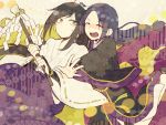  2boys black_hair closed_eyes gohei japanese_clothes jirou_tachi kikumon long_hair multiple_boys open_mouth purple_hair saku_anna seigaiha tarou_tachi touken_ranbu yellow_eyes 