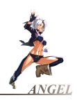  1girl angel_(kof) belt blue_eyes boots breasts cleavage fingerless_gloves gloves hair_over_one_eye highres jacket jumping king_of_fighters large_breasts lolik looking_at_viewer navel short_hair silver_hair solo white_hair 