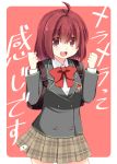  1girl akane_souichi bow kasukabe_haru looking_at_viewer open_mouth red_eyes redhead short_hair simple_background skirt smile solo tokyo_7th_sisters translation_request 
