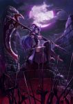  1girl blue_hair breasts center_opening clouds crossed_legs full_moon hands highres horns iceojin long_hair looking_at_viewer moon night original pink_eyes pink_moon rock ruins scythe sitting smile thigh-highs 