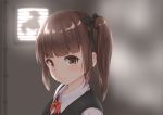  1girl bangs black_bow blunt_bangs bow bowtie brown_eyes brown_hair collared_shirt commentary_request from_side hair_bow minagiku original portrait shirt side_ponytail solo uniform ventilation_shaft 