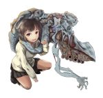  1girl black_legwear black_skirt brown_hair collared_shirt commentary_request eldritch_abomination extra_eyes highres kneeling looking_at_viewer open_mouth original red_eyes shibafu_no_atama shirt shoes simple_background skirt smile socks sweater white_background 
