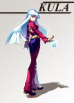  1girl ass belt blue_hair cropped_jacket gloves highres ice ice_crystal king_of_fighters kula_diamond lolik long_hair looking_at_viewer red_eyes smile snk solo walking 
