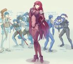  1girl 4boys blue_hair character_request fate/grand_order fate/stay_night fate_(series) hand_on_hip high_heels lance lancer lancer_(fate/grand_order) long_hair multiple_boys polearm ponytail purple_hair staff very_long_hair weapon werewolf 
