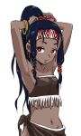  1girl adjusting_hair armpits arms_up black_hair bracelet braid collarbone dark_skin earrings hair_ribbon jewelry kijouyu_udon long_hair looking_at_viewer midriff navel original parted_lips ponytail red_eyes ribbon simple_background small_breasts solo white_background 