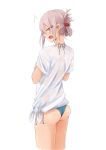  1girl 31_pacers annoyed aqua_bikini ass bikini blush cowboy_shot folded_ponytail from_behind grey_eyes grey_hair hair_ornament hairclip highres looking_at_viewer looking_back original shirt short_hair simple_background solo swimsuit tied_shirt white_background 