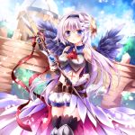  1girl bare_shoulders black_legwear blue_eyes blush breastplate clouds cowboy_shot gloves hairband kidatsu!_dungeons_lord long_hair looking_at_viewer nogi_takayoshi polearm purple_hair sky solo thigh-highs trident weapon wings 