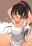  1girl absurdres adjusting_hair black_hair closed_eyes collarbone highres indian_style mouth_hold original ponytail rikkido scrunchie shirt sitting solo tying_hair white_shirt 