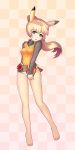  1girl barefoot belt blonde_hair blue_eyes breasts checkered checkered_background full_body highres long_hair no_hat no_pants panties pikachu_ears poke_ball pokemon pokemon_special ponytail ratio_(ratio-d) shirt_tug solo toes underwear white_panties yellow_(pokemon) 