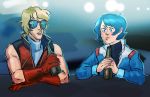  2boys alcohol androgynous bar beer blonde_hair blue_eyes blue_hair blush bottle gundam kamille_bidan multiple_boys quattro_vageena reflection sunglasses tenjouutena zeta_gundam 