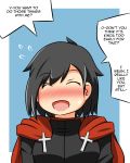  1girl black_hair blue_background blush cape closed_eyes cross english flying_sweatdrops highres lunarisaileron no_nose open_mouth red_cape ruby_rose rwby short_hair solo speech_bubble sweatdrop upper_body 