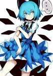  ... 1girl :q blue blue_eyes blue_hair bow chiruru96 cirno hair_bow hand_on_own_shoulder ice ice_wings looking_to_the_side short_sleeves simple_background sketch solo spoken_ellipsis tongue tongue_out touhou white_background wings 