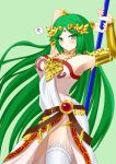 1girl :o ? armor bangs bare_shoulders belt blush bracelet breasts choker cleavage dress goddess green_eyes green_hair highres jewelry kid_icarus kid_icarus_uprising large_breasts long_hair looking_at_viewer multiple_belts necklace palutena pendant side_slit single_thighhigh solo staff strapless_dress swept_bangs thigh-highs tiara vambraces very_long_hair white_legwear 