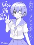  1girl akane_souichi blue_background blush copyright_name grin kamishiro_sui looking_at_viewer monochrome one_eye_closed school_uniform serafuku short_hair simple_background smile solo tokyo_7th_sisters translation_request v 