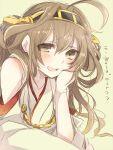  1girl ahoge artist_request blush brown_eyes brown_hair hand_on_own_cheek it&#039;s_ok_to_touch kantai_collection kongou_(kantai_collection) nontraditional_miko solo translation_request 