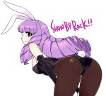  1girl animal_ears ass bangs bare_shoulders bent_over blunt_bangs breasts brown_legwear bunny_girl bunny_tail chan_co chuchu_(show_by_rock!!) detached_sleeves drill_hair hands_on_thighs highleg highleg_leotard leotard long_hair looking_back pantyhose playboy_bunny_leotard purple_hair rabbit_ears show_by_rock!! sideboob simple_background smile solo tail violet_eyes 