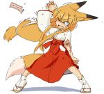  1girl animal_ears blonde_hair blood bruise fox_ears fox_tail hair_ribbon hime_cut injury japanese_clothes kimono long_hair looking_to_the_side miko one_eye_closed original ribbon sakifox sakitsune sandals simple_background socks standing sweat tail torn_clothes very_long_hair white_background white_legwear wide_sleeves 