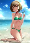  1girl bikini brown_hair flower green_eyes kneeling ocean rahaaru_c short_hair swimsuit tokyo_7th_sisters wanibuchi_emoko 