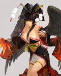  1girl bangs bird_wings black_hair black_wings blunt_bangs breasts cleavage dead_or_alive dead_or_alive_5 detached_sleeves fan feathered_wings floral_print hair_ornament hair_stick hair_tubes hat holding japanese_clothes large_breasts lips long_hair long_sleeves nyotengu overskirt pink_eyes pom_pom_(clothes) silver_background simple_background solo take_no_ko_(dodon) tokin_hat wings 