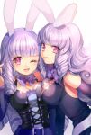  2girls :p animal_ears blush breasts chuchu_(show_by_rock!!) cleavage curly_hair heart heart-shaped_pupils large_breasts long_hair looking_at_viewer momoshiki_tsubaki multiple_girls one_eye_closed purple_hair rabbit_ears show_by_rock!! smile symbol-shaped_pupils tongue tongue_out 