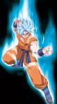  1boy aura blue_eyes blue_hair boots dougi dragon_ball dragon_ball_z fighting_stance full_body highres male_focus muscle solo son_gokuu spiky_hair super_saiyan super_saiyan_god tovio_rogers wristband 