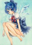  1girl :o absurdres barefoot blue_background blue_dress blue_eyes blue_hair bow cirno convenient_leg dress folded_leg hair_bow highres kuroyagi_(what_a_0205) looking_at_viewer marker_(medium) puffy_short_sleeves puffy_sleeves ribbon short_hair short_sleeves simple_background solo sparkle touhou traditional_media wings 