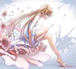  1girl barefoot blonde_hair blood dress flower green_eyes guangfu_bao_tong_meng0-0 kekkai_sensen long_hair petals solo twintails white_(kekkai_sensen) white_dress 
