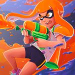  1girl arthur_franca backpack bag battle bike_shorts firing inkling long_hair mask open_mouth orange_eyes orange_hair paint_splatter pointy_ears shoes sneakers solo splatoon super_soaker tentacle_hair 