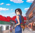 2girls black_hair blue_dress broom china_dress chinese_clothes dress hand_on_hip hong_xiu_ying long_hair looking_back low_ponytail multiple_girls shenmue shenmue_ii side_slit solo_focus xun_fang_mei 