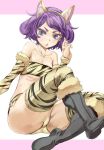  1girl animal_ears bare_shoulders boots cat_ears eyebrows hairband kototora looking_at_viewer open_mouth original ribs short_hair small_breasts solo strapless thigh-highs tiger_print tsurime tubetop violet_eyes yohane 