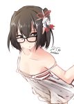  1girl bespectacled black-framed_glasses black_eyes black_hair blush camisole dated glasses hair_ornament kantai_collection looking_at_viewer nekobaka sendai_(kantai_collection) short_hair simple_background solo strap_slip twitter_username two_side_up white_background 