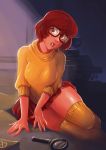  1girl arthur_franca breast_squeeze breasts brown_eyes brown_hair freckles glasses highres lips looking_at_viewer magnifying_glass miniskirt on_bed pleated_skirt scooby-doo short_hair sitting skirt sleeves_pushed_up solo sweater thigh-highs thighs turtleneck velma_dace_dinkley yellow_legwear yokozuwari 