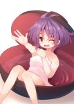  1girl bathing beni_shake bowl hat in_bowl in_container looking_at_viewer naked_towel one_eye_closed open_mouth purple_hair smile solo sukuna_shinmyoumaru touhou towel violet_eyes 