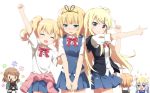  &gt;:) 6+girls :d ^_^ alice_cartelet alternate_costume anko_(gochuumon_wa_usagi_desuka?) arm_up blonde_hair blue_eyes blue_hair blush bottle bowtie brown_hair clenched_hand closed_eyes clothes_around_waist crossover crown finger_gun girl_sandwich glasses gochuumon_wa_usagi_desu_ka? hair_bun hair_ornament hairband hairclip hand_on_another&#039;s_back haribote_(tarao) holding hoodie_vest hoto_cocoa kafuu_chino karasuma_sakura kin-iro_mosaic kirima_sharo kujou_karen long_hair manga_time_kirara mini_crown multicolored_hair multiple_girls nose_blush open_mouth outstretched_arm pleated_skirt rabbit rimless_glasses sandwiched school_uniform shirt short_hair short_sleeves skirt smile solid_oval_eyes sparkle spray_bottle striped striped_bowtie sweatdrop sweater_around_waist twintails two-tone_hair v_arms very_long_hair vest violet_eyes white_background 