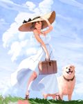  1girl airship black_hair closed_eyes clouds dog dress hat jewelry nanahime_(aoi) necklace open_mouth original short_hair sky smile solo strap_slip straw_hat summer sun_hat sundress 