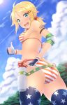  10t bikini breasts clouds elbow_pads fingerless_gloves gloves hair_ornament hairclip looking_back nonohara_hime open_mouth short_ponytail side-tie_bikini sky smile star_print striped striped_bikini striped_swimsuit swimsuit thigh-highs thumbs_up tokyo_7th_sisters 