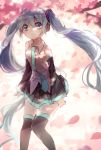  1girl aqua_hair blue_eyes cherry_blossoms detached_sleeves hatsune_miku headphones highres long_hair looking_at_viewer necktie skirt smile solo thigh-highs twintails very_long_hair vocaloid you_hashira 