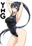  1girl armpits arms_behind_head arms_up blue_hair breasts character_name competition_swimsuit hair_between_eyes harukon_(halcon) highres impossible_clothes kantai_collection large_breasts long_hair looking_at_viewer one-piece_swimsuit parted_lips ponytail red_eyes simple_background solo swimsuit very_long_hair yahagi_(kantai_collection) 