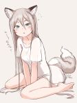  1girl animal_ears blue_eyes blush fox_ears fox_tail highres long_hair looking_at_viewer nosuku open_mouth original see-through silver_hair simple_background sitting sketch solo t-shirt tail translation_request v_arms very_long_hair wariza 