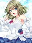  1girl asazuki_kanai bare_shoulders blue_eyes brown_hair detached_sleeves dress green_eyes heterochromia idolmaster idolmaster_cinderella_girls looking_at_viewer mole open_mouth short_hair smile solo takagaki_kaede tiara 