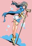  1girl belt_pouch boots cape dragon_quest dragon_quest_iii dress elbow_gloves full_body gloves grey_hair long_hair looking_at_viewer pink_eyes sage_(dq3) short_dress solo staff standing tajima_ryoushi thigh_strap tiara white_dress yellow_gloves 