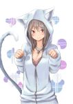  1girl 31_pacers animal_ears bell breasts cat_ears cat_tail cleavage highres hoodie jingle_bell looking_at_viewer original paw_pose red_eyes short_hair silver_hair smile solo tail upper_body 