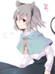  1girl akagashi_hagane animal_ears capelet grey_hair jewelry long_sleeves looking_at_viewer mouse_ears mouse_tail nazrin necklace red_eyes shirt short_hair simple_background skirt solo tail text touhou white_background 