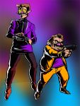  2boys amano-g brothers brown_hair eyebrows facial_hair formal full_body gun handgun height_difference multiple_boys mustache pistol pointy_ears shooting_glasses siblings suit super_mario_bros. thick_eyebrows waluigi wario weapon 