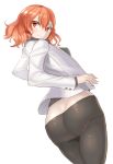  1girl ass black_legwear commentary_request from_behind horikawa_raiko jacket kazo long_sleeves looking_back no_pants open_clothes open_jacket pantyhose red_eyes redhead see-through shirt smile solo touhou 