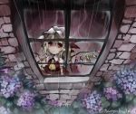  1girl ascot blonde_hair dress flandre_scarlet flower hat hat_ribbon hydrangea looking_out_window mob_cap rain red_dress red_eyes ribbon shirt solo touhou toutenkou wings 