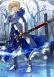  1girl aqua_eyes blonde_hair caliburn fate/stay_night fate_(series) full_body gauntlets hand_on_own_chest highres juliet_sleeves long_sleeves puffy_sleeves saber scabbard sheath short_hair snow solo standing tree yone 