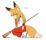  1girl animal_ears broom commentary_request dated fox_ears fox_tail hime_cut japanese_clothes kimono looking_at_viewer miko original sakifox sakitsune sandals simple_background slit_pupils socks solo squatting tail tiptoes white_background wide_sleeves 
