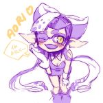  1girl ;d aori_(splatoon) breasts character_name cleavage detached_collar dress earrings fangs food food_on_head gloves heart jewelry leaning_forward long_hair mask mikotox object_on_head one_eye_closed open_mouth pointy_ears purple smile solo splatoon strapless_dress sushi tentacle_hair unitard yellow_eyes 